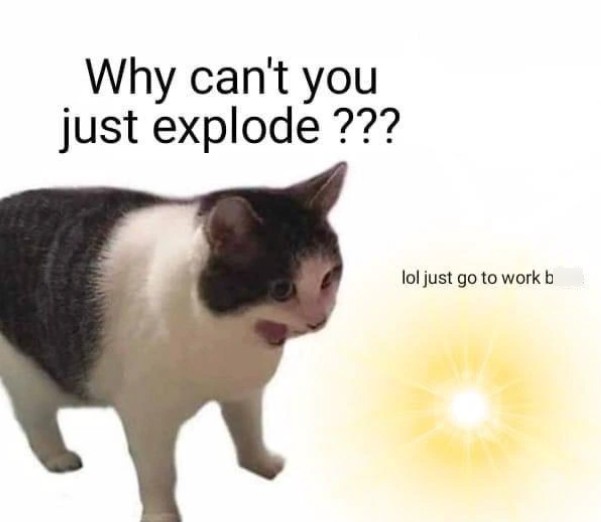 Why can't you just explode ??? lol just go to work b