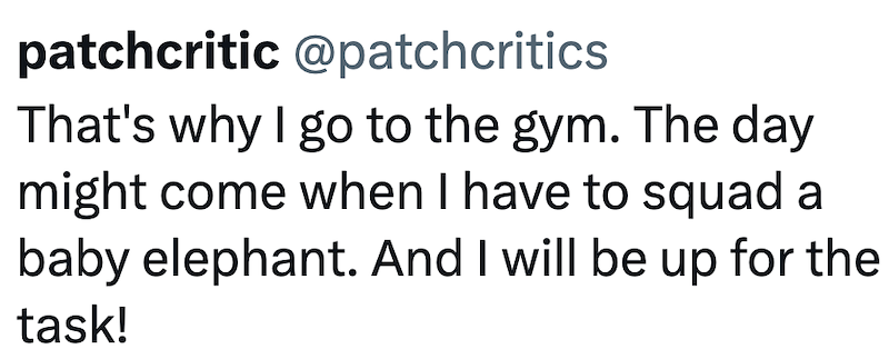 patchcritic @patchcritics That's why I go to the gym. The day might come when I have to squad a baby elephant. And I will be up for the task!