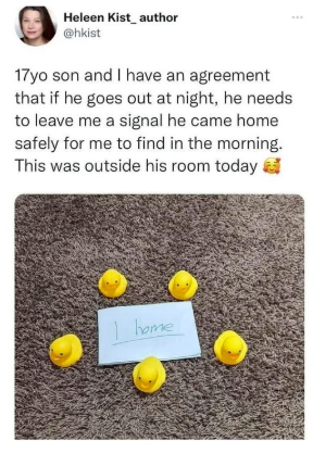 Heleen Kist_author @hkist 17yo son and I have an agreement that if he goes out at night, he needs to leave me a signal he came home safely for me to find in the morning. This was outside his room today home