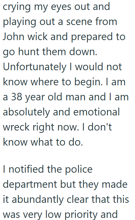 crying my eyes out and playing out a scene from John wick and prepared to go hunt them down. Unfortunately I would not know where to begin. I am a 38 year old man and I am absolutely and emotional wreck right now. I don't know what to do. I notified the police department but they made it abundantly clear that this was very low priority and