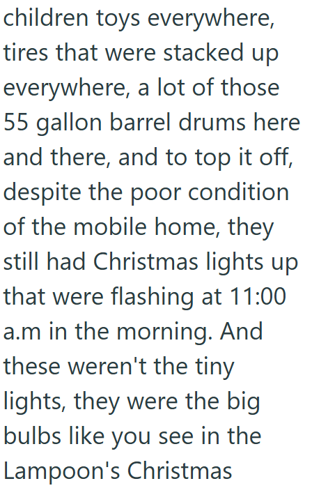 children toys everywhere, tires that were stacked up everywhere, a lot of those 55 gallon barrel drums here and there, and to top it off, despite the poor condition of the mobile home, they still had Christmas lights up that were flashing at 11:00 a.m in the morning. And these weren't the tiny lights, they were the big bulbs like you see in the Lampoon's Christmas