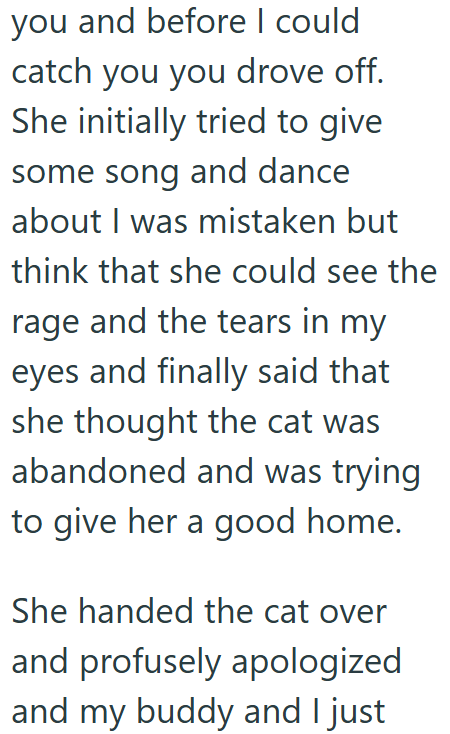 you and before I could catch you you drove off. She initially tried to give some song and dance about I was mistaken but think that she could see the rage and the tears in my eyes and finally said that she thought the cat was abandoned and was trying to give her a good home. She handed the cat over and profusely apologized and my buddy and I just