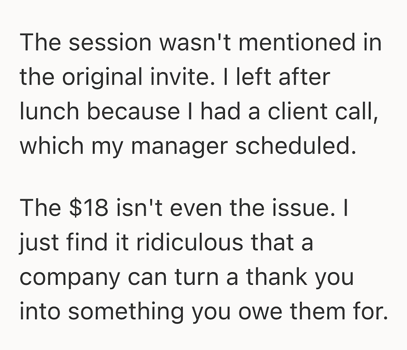 The session wasn't mentioned in the original invite. I left after lunch because I had a client call, which my manager scheduled. The $18 isn't even the issue. I just find it ridiculous that a company can turn a thank you into something you owe them for.