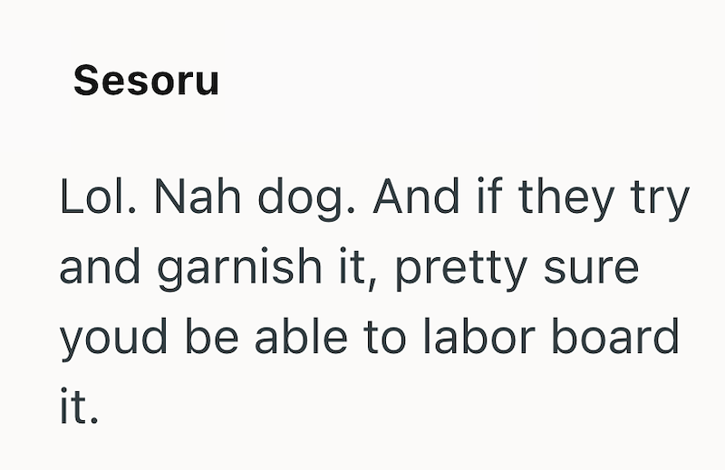Sesoru Lol. Nah dog. And if they try and garnish it, pretty sure youd be able to labor board it.