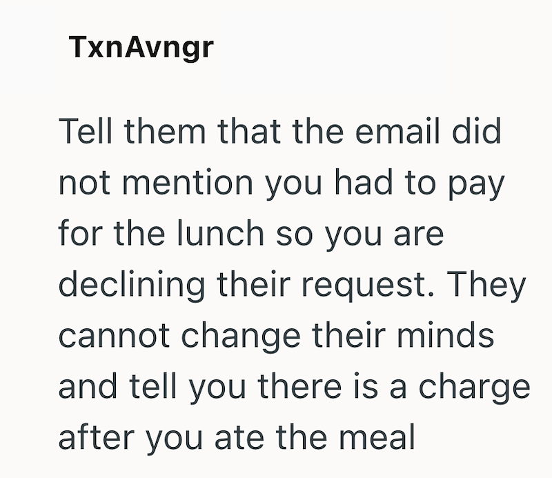 TxnAvngr Tell them that the email did not mention you had to pay for the lunch so you are declining their request. They cannot change their minds and tell you there is a charge after you ate the meal