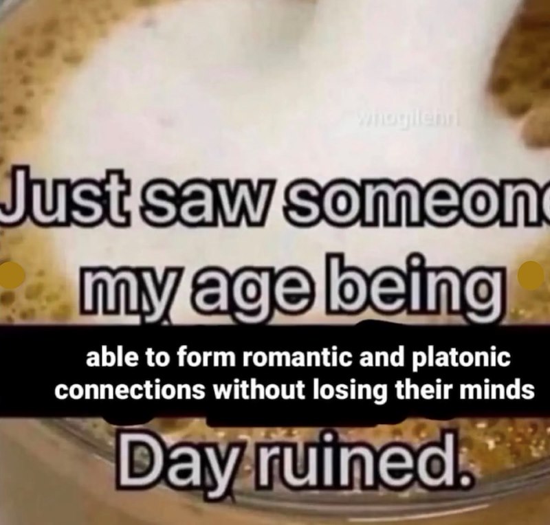 Whogilchri Just saw someon my age being able to form romantic and platonic connections without losing their minds Day ruined.