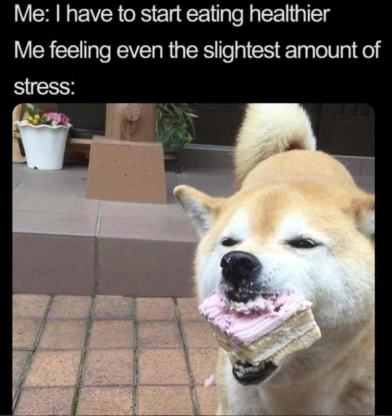 Me: I have to start eating healthier Me feeling even the slightest amount of stress: