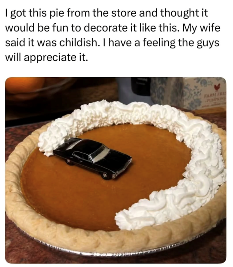 I got this pie from the store and thought it would be fun to decorate it like this. My wife said it was childish. I have a feeling the guys will appreciate it. FARM FRES PUMPKING