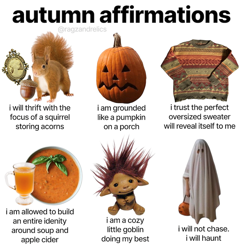 autumn affirmations @ragzandrelics 1454 i will thrift with the focus of a squirrel storing acorns i am grounded like a pumpkin on a porch i trust the perfect oversized sweater will reveal itself to me i am allowed to build an entire idenity around soup and apple cider i am a cozy little goblin doing my best i will not chase. i will haunt