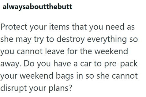 alwaysaboutthebutt Protect your items that you need as she may try to destroy everything so you cannot leave for the weekend away. Do you have a car to pre-pack your weekend bags in so she cannot disrupt your plans?