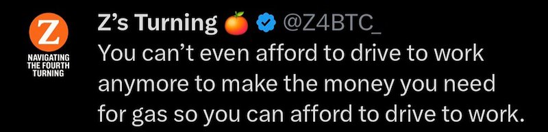 Z NAVIGATING THE FOURTH TURNING Z's Turning @Z4BTC You can't even afford to drive to work anymore to make the money you need for gas so you can afford to drive to work.