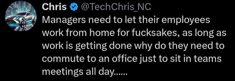 Chris @TechChris_NC Managers need to let their employees work from home for fucksakes, as long as work is getting done why do they need to commute to an office just to sit in teams meetings all day......