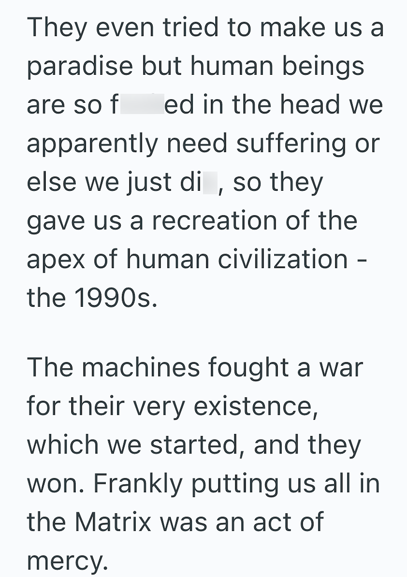 They even tried to make us a paradise but human beings are so f ed in the head we apparently need suffering or else we just di, so they gave us a recreation of the apex of human civilization - the 1990s. The machines fought a war for their very existence, which we started, and they won. Frankly putting us all in the Matrix was an act of mercy.