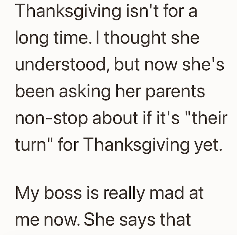 Thanksgiving isn't for a long time. I thought she understood, but now she's been asking her parents non-stop about if it's "their turn" for Thanksgiving yet. My boss is really mad at me now. She says that