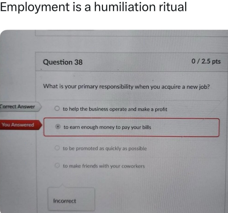 Employment is a humiliation ritual Question 38 0/2.5 pts What is your primary responsibility when you acquire a new job? Correct Answer You Answered to help the business operate and make a profit to earn enough money to pay your bills O to be promoted as quickly as possible to make friends with your coworkers Incorrect