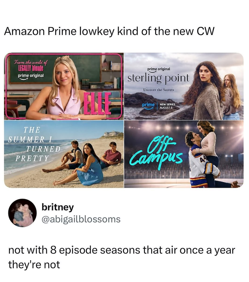 Amazon Prime lowkey kind of the new CW From the world of LEGALLY blonde prime original THE SUMMER I TURNED PRETTY prime original sterling point Uncover the Secrets prime NEW SERIES AUGUST 5 Off Campus britney @abigailblossoms not with 8 episode seasons that air once a year they're not