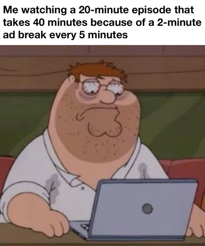 Me watching a 20-minute episode that takes 40 minutes because of a 2-minute ad break every 5 minutes