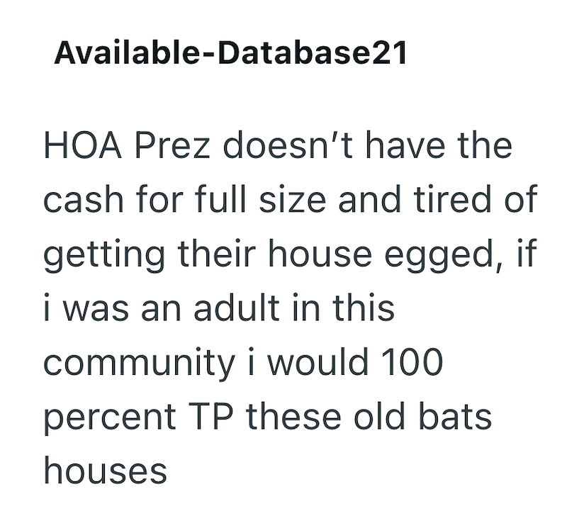 Available-Database21 HOA Prez doesn't have the cash for full size and tired of getting their house egged, if i was an adult in this community i would 100 percent TP these old bats houses