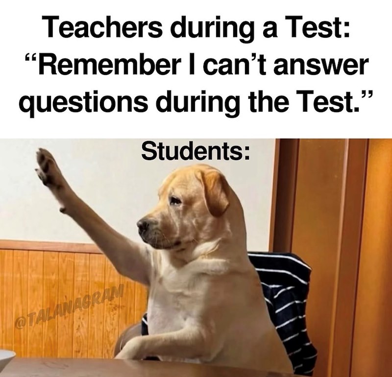 Teachers during a Test: "Remember I can't answer questions during the Test." Students: @TALANAGRAMI