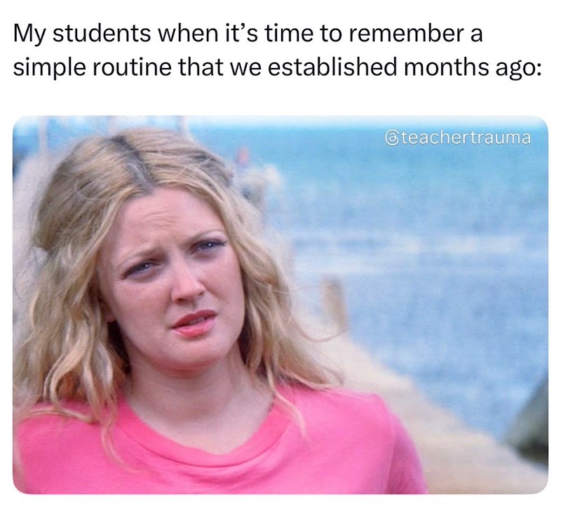My students when it's time to remember a simple routine that we established months ago: @teachertrauma