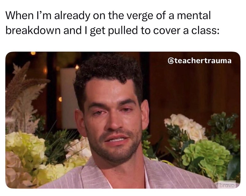 When I'm already on the verge of a mental breakdown and I get pulled to cover a class: @teachertrauma bravo