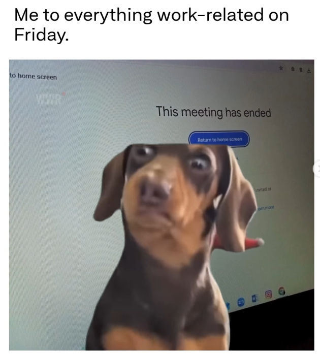 Me to everything work-related on Friday. to home screen WWR This meeting has ended Return to home screen 2m invited or arn more