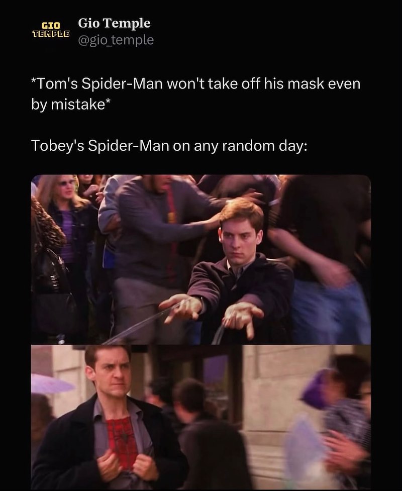 GIO TEMPLE Gio Temple @gio_temple *Tom's Spider-Man won't take off his mask even by mistake* Tobey's Spider-Man on any random day: