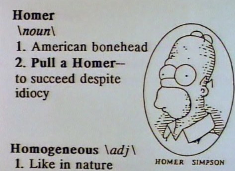 Homer \noun\ 1. American bonehead 2. Pull a Homer- to succeed despite idiocy Homogeneous \adj\ 1. Like in nature HOMER SIMPSON