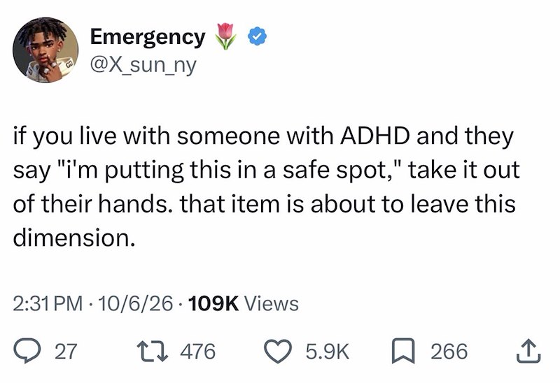 Emergency @X_sun_ny if you live with someone with ADHD and they say "i'm putting this in a safe spot," take it out of their hands. that item is about to leave this dimension. 2:31 PM 10/6/26 109K Views 27 1476 5.9K ☐ 266