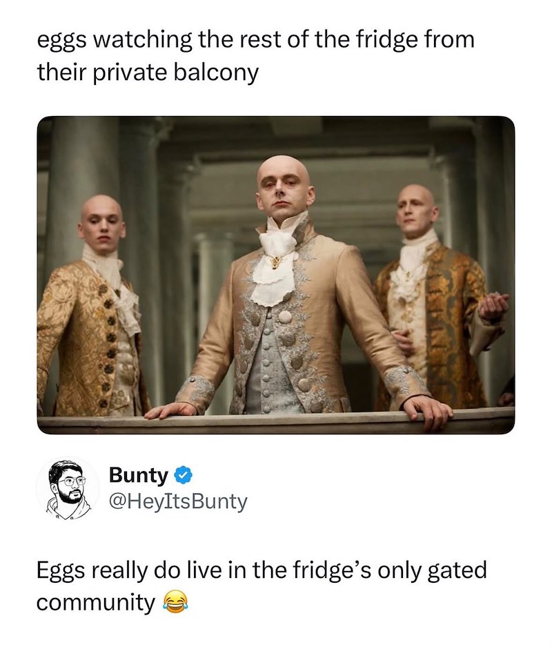eggs watching the rest of the fridge from their private balcony Bunty ❤ @HeyItsBunty Eggs really do live in the fridge's only gated community
