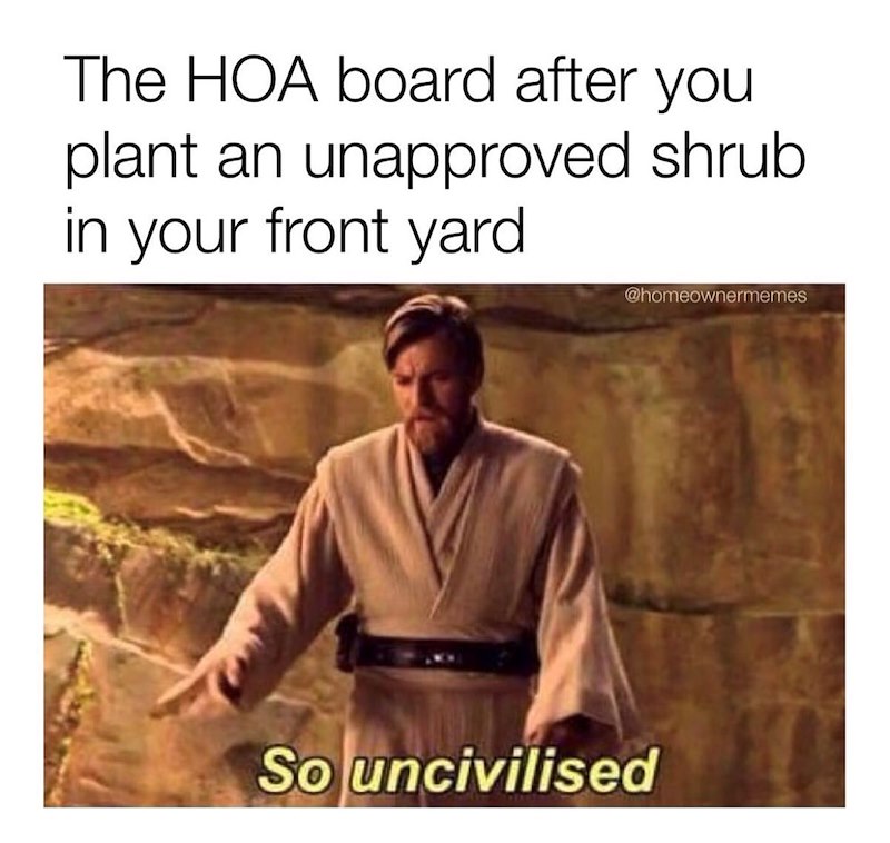 The HOA board after you plant an unapproved shrub in your front yard @homeownermemes So uncivilised