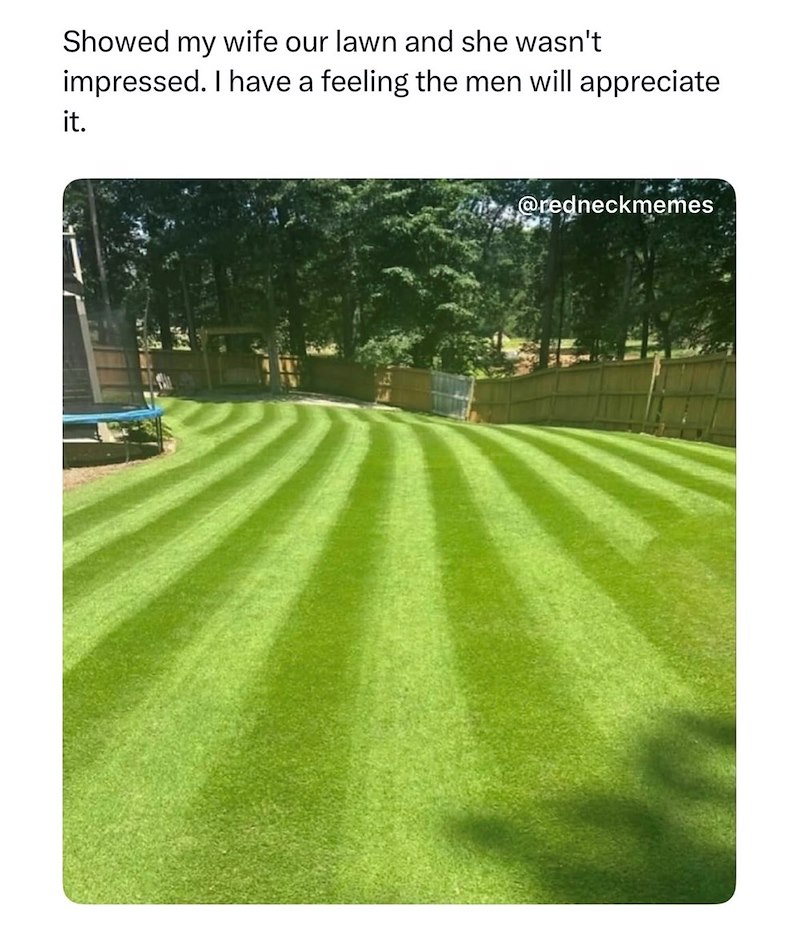 Showed my wife our lawn and she wasn't impressed. I have a feeling the men will appreciate it. @redneckmemes