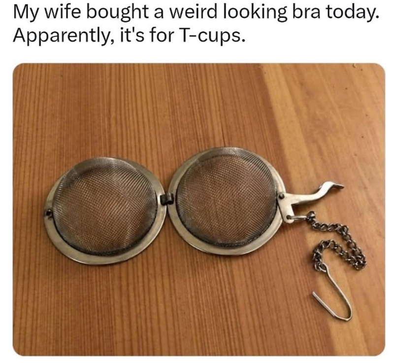 My wife bought a weird looking bra today. Apparently, it's for T-cups.