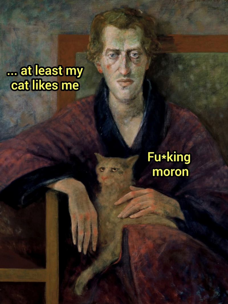 ... at least my cat likes me Fu*king moron