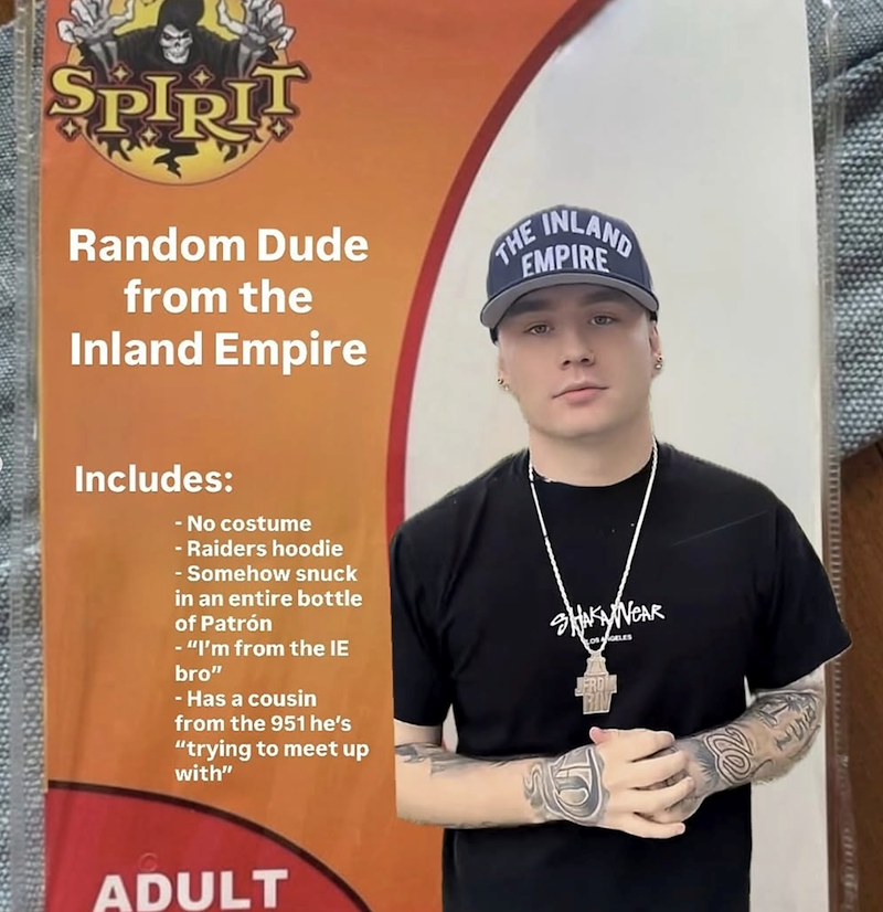 SPIRIT Random Dude from the Inland Empire THE INLAND EMPIRE Includes: -No costume - Raiders hoodie -Somehow snuck in an entire bottle of Patrón - "I'm from the IE bro" -Has a cousin from the 951 he's "trying to meet up with" SHAKYWEAR GELES ADULT