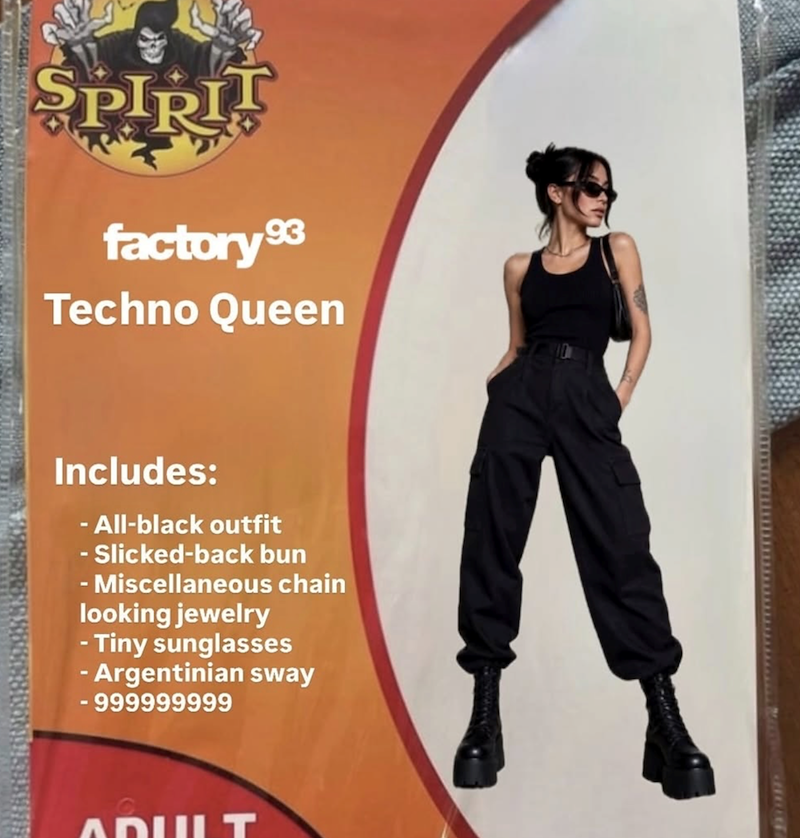 SPIRIT factory⁹3 Techno Queen Includes: -All-black outfit - Slicked-back bun - Miscellaneous chain looking jewelry - Tiny sunglasses - Argentinian sway -999999999 ADULT