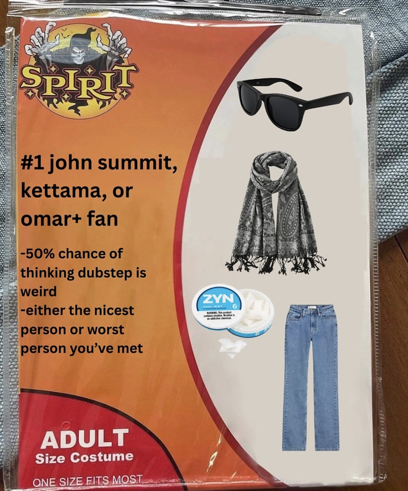 SPIRI! #1 john summit, kettama, or omar+ fan -50% chance of thinking dubstep is weird -either the nicest person or worst person you've met ADULT Size Costume ONE SIZE FITS MOST ZYN COOL HINT This prod 6