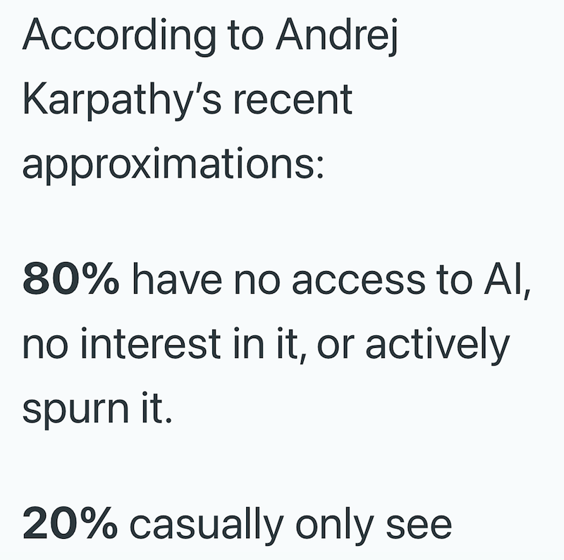 According to Andrej Karpathy's recent approximations: 80% have no access to Al, no interest in it, or actively spurn it. 20% casually only see