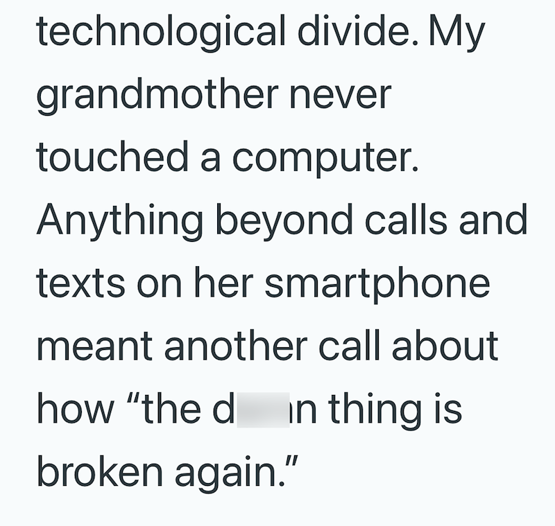 technological divide. My grandmother never touched a computer. Anything beyond calls and texts on her smartphone meant another call about how "the d in thing is broken again."