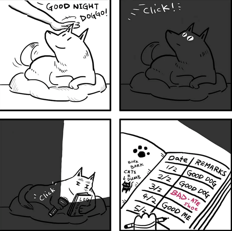 Click GOOD NIGHT DOGGO! Click!: 00 +11) II BORK BARK CATS ↓DUMB 1/2 Date/ REMARKS GOOD DOG 2/2 GOOD DOG 3/2 BAD ATE shoe 4/2 GOOD ME
