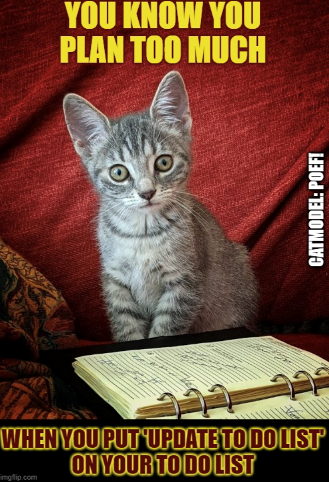 imgflip.com YOU KNOW YOU PLAN TOO MUCH WHEN YOU PUT UPDATE TO DO LIST ON YOUR TO DO LIST CATMODEL: POEF!