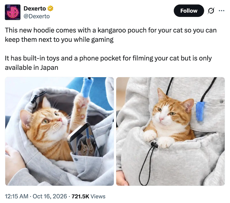 Dexerto @Dexerto Follow ... This new hoodie comes with a kangaroo pouch for your cat so you can keep them next to you while gaming It has built-in toys and a phone pocket for filming your cat but is only available in Japan 12:15 AM Oct 16, 2026 721.5K Views