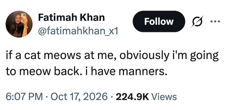 Fatimah Khan @fatimahkhan_x1 Follow • • • if a cat meows at me, obviously i'm going to meow back. i have manners. 6:07 PM - Oct 17, 2026 224.9K Views •