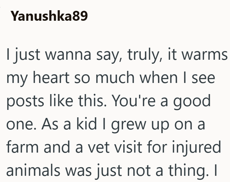 Yanushka89 I just wanna say, truly, it warms my heart so much when I see posts like this. You're a good one. As a kid I grew up on a farm and a vet visit for injured animals was just not a thing. I