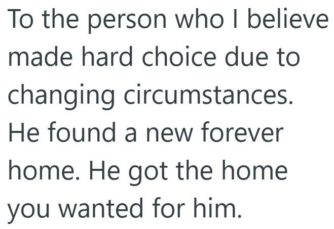 To the person who I believe made hard choice due to changing circumstances. He found a new forever home. He got the home you wanted for him.