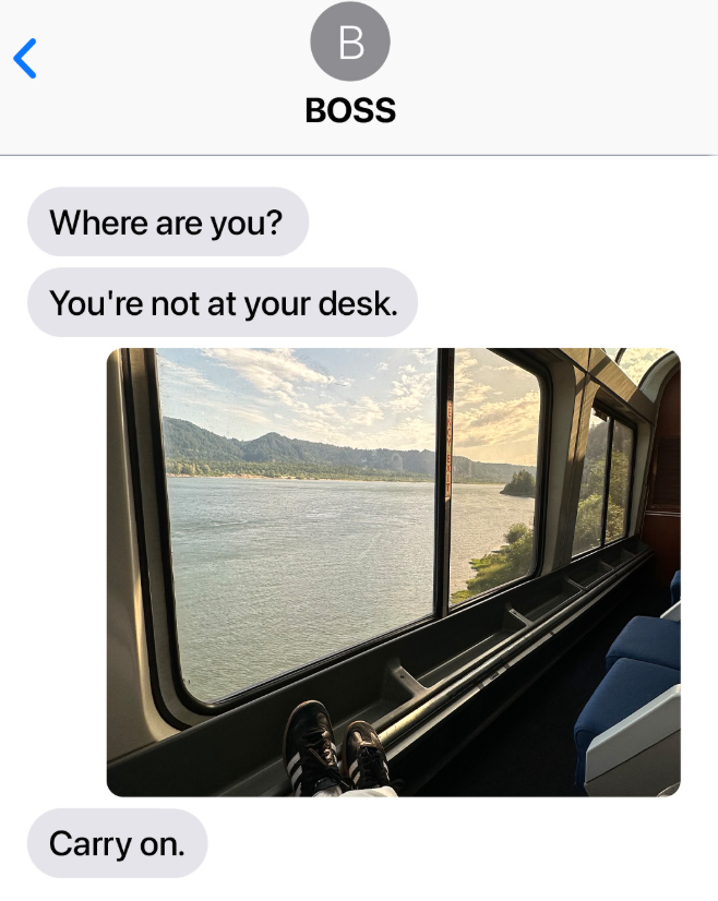 < B BOSS Where are you? You're not at your desk. Carry on.