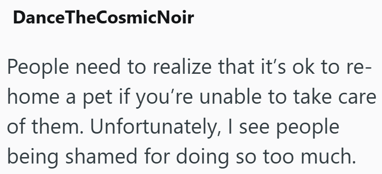 DanceTheCosmicNoir People need to realize that it's ok to re- home a pet if you're unable to take care of them. Unfortunately, I see people being shamed for doing so too much.