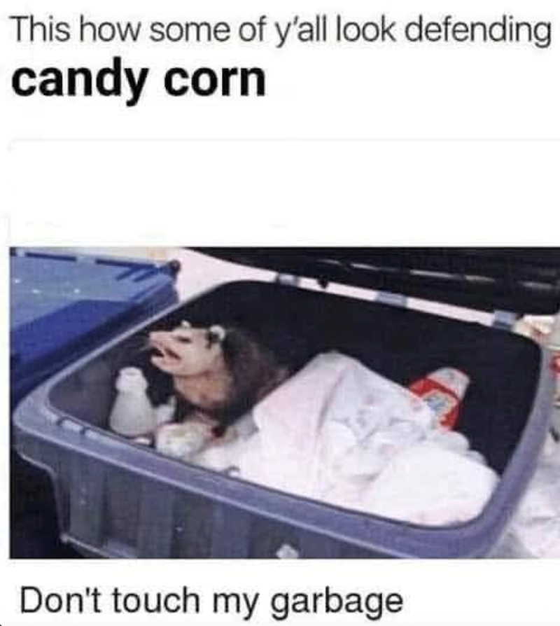 This how some of y'all look defending candy corn Don't touch my garbage