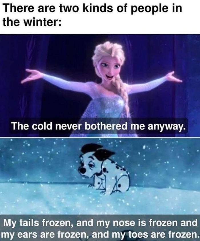 There are two kinds of people in the winter: The cold never bothered me anyway. My tails frozen, and my nose is frozen and my ears are frozen, and my toes are frozen.