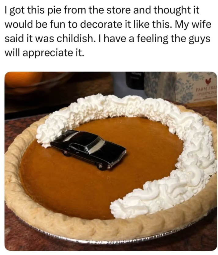 I got this pie from the store and thought it would be fun to decorate it like this. My wife said it was childish. I have a feeling the guys will appreciate it. FARM FRE PUMPKING